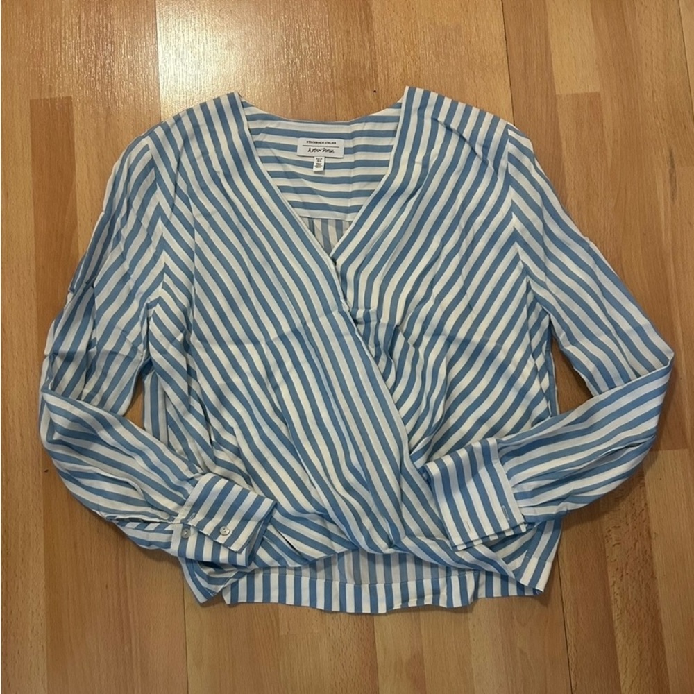 & Other Stories Blue and White Striped Wrap Blouse